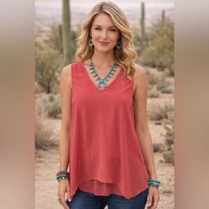 Inc Womens Sleeveless blouse XS Lagenlook V-Neck Pullover Top Coral